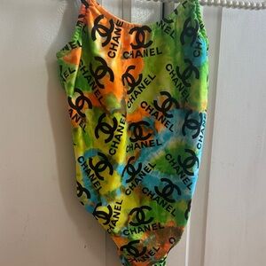 CHANEL Vibrant Logo Swimsuit in Orange, Green, and Blue